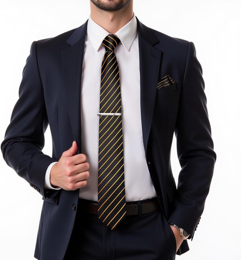 DiBanGu Mens Striped Tie Silk Woven Necktie and Pocket Square Cufflinks Tie Clip Set Wedding Business Formal Gift Tie for Men - Image 2